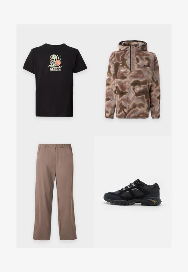 Brauner und beiger Camouflage-Fleece-Pullover mit Kapuze, Druckknopfleiste und Reißverschlusstasche auf der Brust, hergestellt von Columbia.; Schwarzes Baumwoll-T-Shirt mit einem bunten Grafikdruck, der eine Ananas und Kirschen zeigt. Der Text lautet "Stance Community Run Club." Mit kurzen Ärmeln.; Locker sitzende, gerade geschnittene braune Hose mit elastischem Bund und Knopfverschluss, vorderen Taschen und glatter Stofftextur.; Schwarzer Outdoor-Schuh aus Wildleder und Mesh mit robuster Sohle. Verfügt über graue Akzente und Vibram-Branding an der Seite. Schnürdesign.