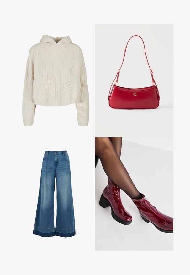 Cremefarvet strikket hoodie med løs pasform, ribbet kant og oversized ærmer. Har en bred halsudskæring og subtil tekstur hele vejen igennem.; Urban Classics WIDE LEG - Flared jeans - mid deep blue washed; Røde ankelstøvler i patenteret læder med en kraftig sort hæl og lynlåsdetalje. Glat tekstur, elegant design med en rund tå.; Rødt læder skuldertaske med gyldent "cK" logoemblem og justerbar rem mod en ensfarvet lys baggrund.