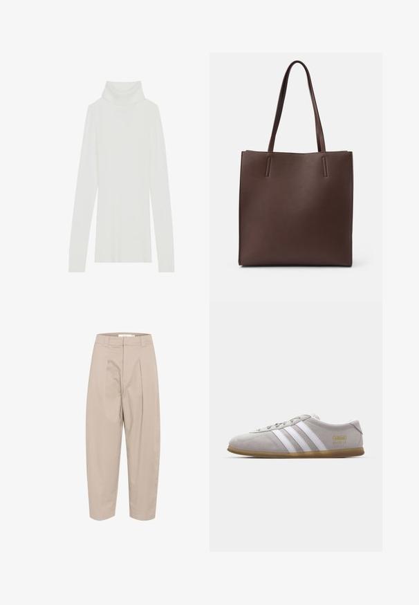 Suéter de cuello alto de canalé blanco con mangas largas, textura suave y un alto cuello enrollado, presentando un diseño ajustado y sin cierres visibles.; Pantalones de mezcla de algodón color beige con un ajuste holgado, que presentan pliegues en la parte delantera, una cinturilla y tobillos recortados. Diseño sencillo, sin patrones ni acentos.; Zapatilla de ante gris con rayas de cuero blanco y detalle del logo en dorado. Suela plana de goma, punta redondeada y diseño clásico de cierre con cordones.; Bolso tote de piel marrón con dos asas largas, que presenta una forma rectangular, textura lisa y un diseño minimalista sin elementos adicionales.
