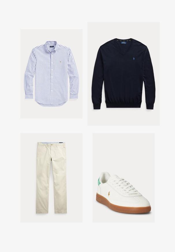 Donker marineblauwe trui met lange mouwen en V-hals, met een klein lichtblauw geborduurd Polo Ralph Lauren-logo op de linkerborst.; Blauw-wit verticaal gestreept overhemd met lange mouwen, knoopsluiting, kraag met knopen en klein geborduurd logo op de borst.; Beige katoenen broek met rechte pijpen, riemlussen, voorste knoop, ritssluiting en zijzakken.; Witte sneaker met veters, bruine rubberen zool, groene hieltab en klein goudkleurig polo-spelerlogo aan de buitenkant.