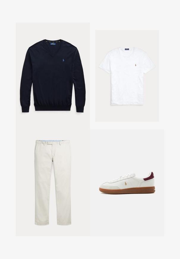 Dunkel nachtblauer Langarm-V-Pullover mit kleinem hellblau besticktem Polo Ralph Lauren Logo auf der linken Brust.; Weißes T-Shirt mit Rundhalsausschnitt und kurzen Ärmeln, mit kleinem gesticktem Polo Ralph Lauren Logo auf der linken Brust und blauem Markenetikett innen am Kragen.; Cremefarbene gerade geschnittene Hosen mit Gürtelschlaufen und verdecktem vorne liegenden Verschluss auf einfarbigem Hintergrund.; Weißer Sneaker mit niedriger Schaft und brauner Gummisohle, goldenes Polo-Spieler-Logo an der Seite, weiße Schnürsenkel und bordeauxfarbene Wildleder-Fersenlasche, Marke Ralph Lauren.