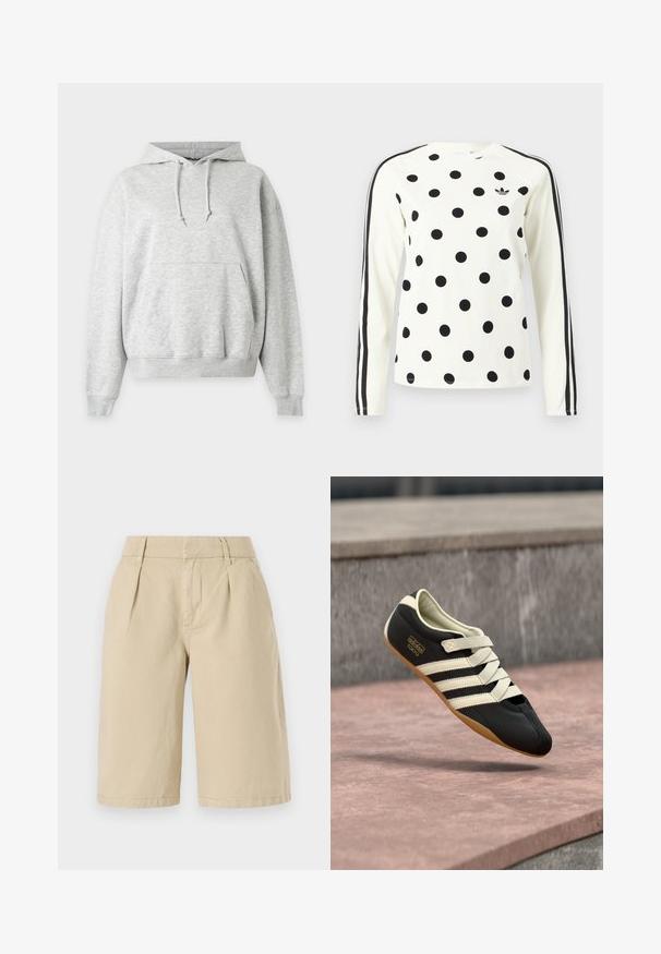 Lysegrå hættetrøje med frontlomme, justerbar snøre i hætten og ribstrikkede manchetter og kant.; Hvid langærmet skjorte med sorte polkaprikker, sort Adidas-logo på brystet og to sorte striber, der løber ned ad hver ærme.; Beige bomuldsshorts med en afslappet pasform, der har front-folder og sidelommer, og som slutter lige over knæene med en renkant.; Sort atletiksko med cremefarvede striber og snørebånd, med lav profil, glat tekstur og gummisål for godt greb. Mærkeetiket synlig.