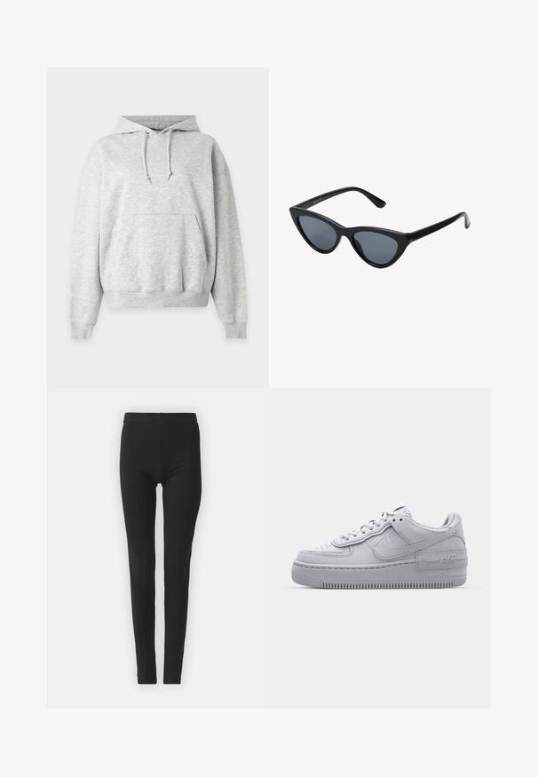 Sudadera con capucha gris claro con bolsillo frontal tipo canguro, capucha con cordón ajustable y puños y bajo acanalados.; Leggings negros y elásticos con un ajuste ceñido, que cuentan con una cintura alta y una textura suave. Sin patrones visibles ni detalles de hardware.; Zapatilla Nike Air Force 1 gris con puntera perforada, parte superior de cuero suave, suela gruesa y detalle en relieve 'AIR' en el talón.; Gafas de sol negras en forma de ojo de gato con lentes gris oscuro, marco de plástico elegante, esquinas puntiagudas y patillas rectas. Sin herrajes ni acentos visibles.