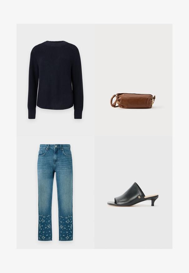 Marineblauwe gebreide trui met ronde hals, lange mouwen en geribbelde boorden, weergegeven op een effen lichte achtergrond.; Blauwe denim jeans met een rechte snit, voorzien van bloemborduursels en versieringen aan de onderkant en een vijfzakkenmodel.; Zwarte leren open teen muiltjes met een lage hak. Heeft een glad oppervlak en een gouden logo accent aan de zijkant.; Bruine leren schoudertas met een rechthoekige vorm, zachte textuur en een enkele band. Voorzien van subtiele stiksels en een gouden metalen accent.