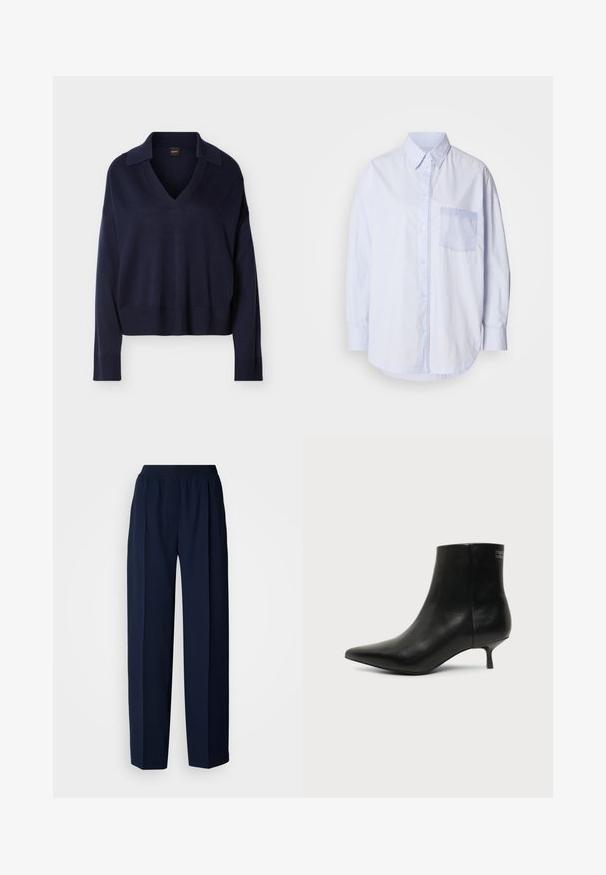 Pull bleu marine à manches longues avec col en V, col, poignets et ourlet côtelés, présenté sur fond blanc uni.; Chemise bleu clair à boutons avec manches longues, col standard et poche poitrine gauche ornée d'un tissu accent plus clair bleu.; Pantalon droit bleu marine avec taille élastique et pli avant, présenté sur un fond blanc uni.; Bottine en cuir noir avec bout pointu et petit talon kitten sur fond clair, vue côté extérieur.