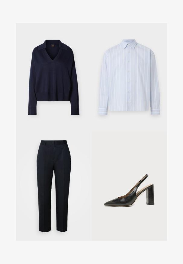 Pull bleu marine à manches longues avec col en V, col, poignets et ourlet côtelés, présenté sur fond blanc uni.; Chemise bleu clair à manches longues avec boutons, fines rayures blanches verticales et col pointu sur fond uni.; Pantalon bleu marine sur mesure avec passants de ceinture, plis devant et coupe droite, présenté sur un fond blanc.; Chaussure slingback en cuir noir à bout pointu avec un talon bloc haut et une doublure intérieure beige sur un fond clair uni.
