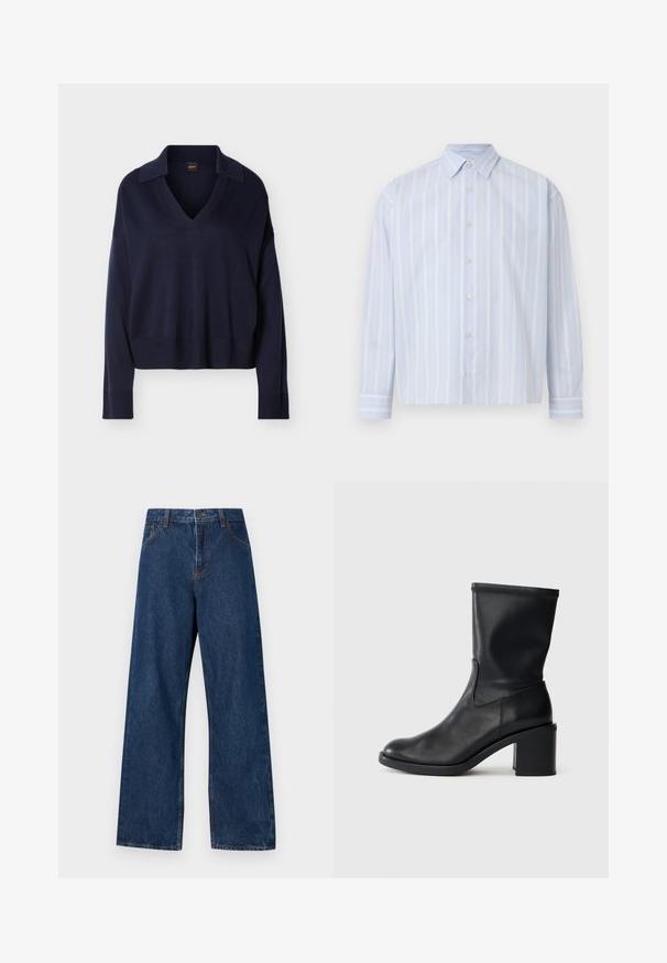 Pull bleu marine à manches longues avec col en V, col, poignets et ourlet côtelés, présenté sur fond blanc uni.; Chemise bleu clair à manches longues avec boutons, fines rayures blanches verticales et col pointu sur fond uni.; Jean large en denim bleu foncé avec un design classique à cinq poches. Présente des coutures contrastées et une fermeture par bouton à l'avant.; Botte en cuir noir à cheville avec un bout rond, texture lisse et un talon épais, présentant un tige ajustée et un subtil détail de couture.