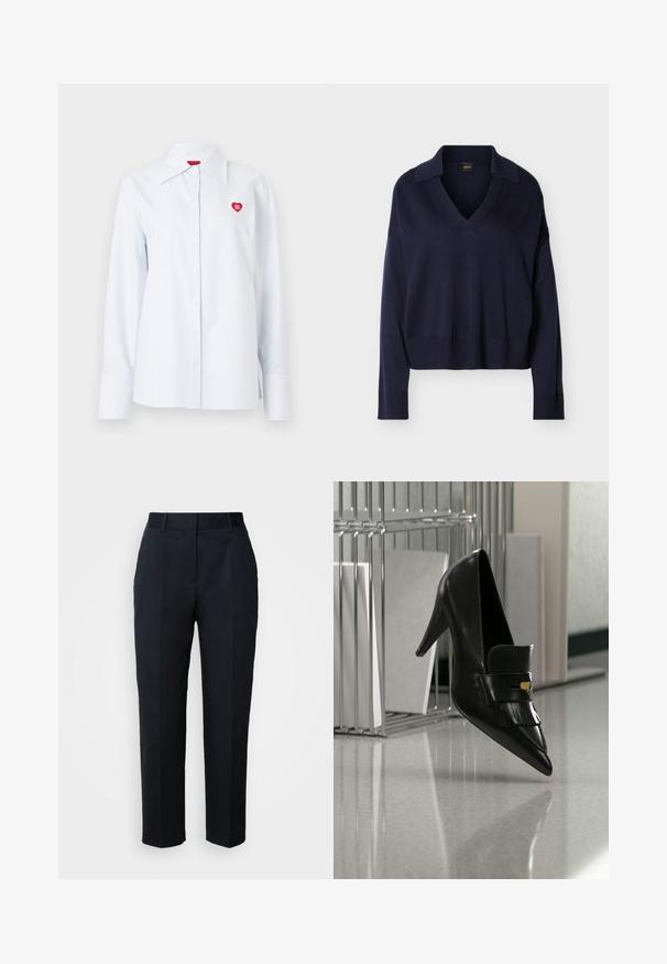Pull bleu marine à manches longues avec col en V, col, poignets et ourlet côtelés, présenté sur fond blanc uni.; Chemise à rayures boutonnée en coton bleu clair, avec un col classique et un petit logo en forme de cœur rouge sur la poitrine. Manches longues avec poignets.; Pantalon bleu marine sur mesure avec passants de ceinture, plis devant et coupe droite, présenté sur un fond blanc.; Chaussure à talon haut en cuir noir avec bout pointu et franges décoratives flottant au-dessus d'un sol brillant près d'une étagère métallique avec des documents.