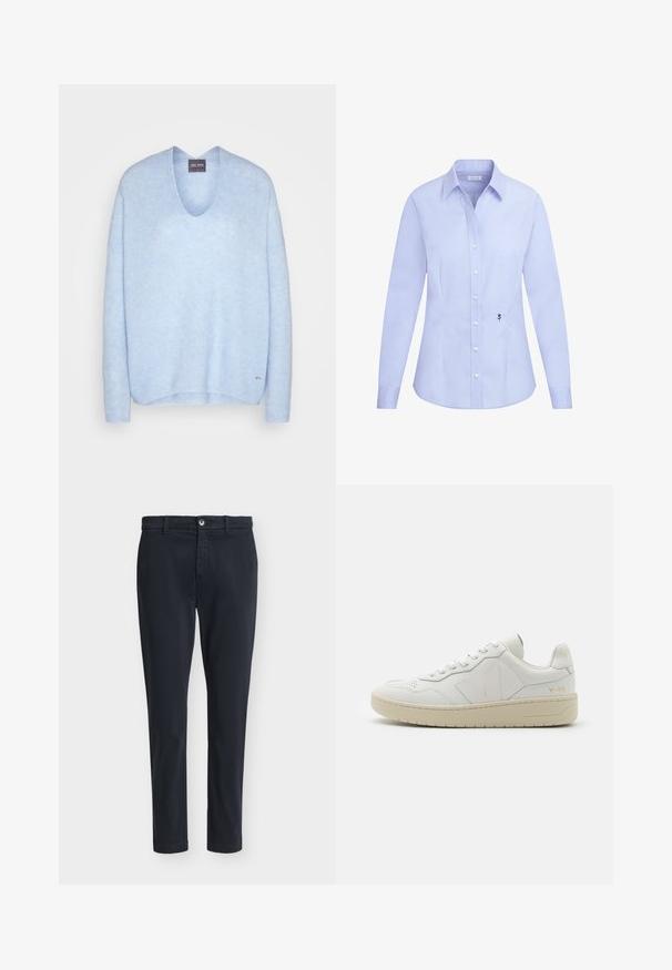 Suéter de punto azul claro con un profundo escote en V, mangas largas y un ajuste ligeramente holgado. Presenta aberturas laterales y un pequeño logotipo como acento.; Camisa azul claro de manga larga con botones, cuello puntiagudo y pequeño bordado de flores negras cerca de la parte inferior del lado derecho delantero.; Pantalones casual ajustados de hombre en azul marino oscuro con cierre de botón y trabillas para cinturón, exhibidos sobre un fondo liso gris claro.; Zapatillas de cuero blancas con puntera perforada, suela de goma beige en contraste y acentos de logo en el lateral y el talón. Diseño minimalista.