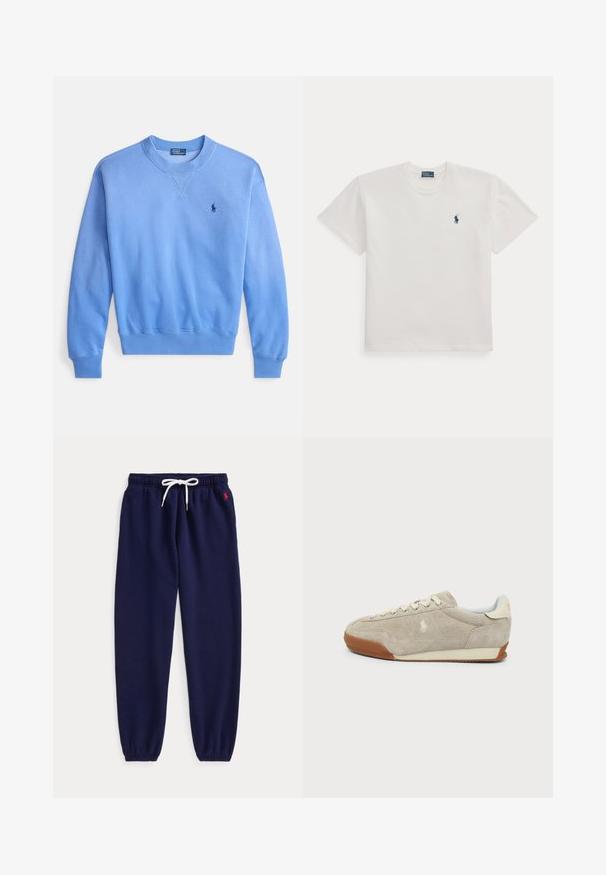 Hellblauer Sweatshirt aus Baumwollmischung, mit Rundhalsausschnitt, gerippten Bündchen und Saum sowie einem kleinen Logo auf der Brust. Glatte Textur.; Weißes T-Shirt mit kurzen Ärmeln und Rundhalsausschnitt mit einem kleinen dunkelblauen Polo-Spieler-Logo auf der linken Brust.; Marineblaue Jogginghose mit weißem Kordelzug in der Taille und elastischen Bündchen, mit kleinem roten Logo nahe der linken Tasche bestickt.; Beiger Wildleder-Sneaker mit weißen Schnürsenkeln, brauner Gummisohle und kleinem gesticktem Logo an der Seite, von der Außenseite betrachtet.
