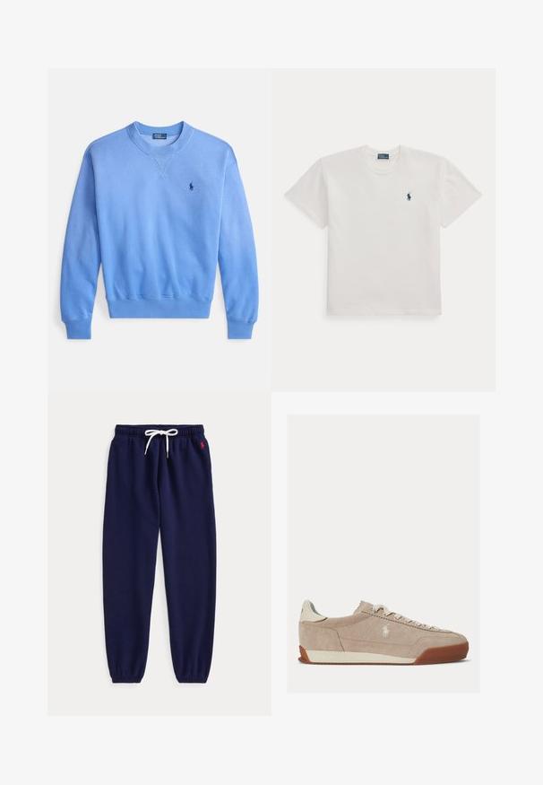 Hellblauer Sweatshirt aus Baumwollmischung, mit Rundhalsausschnitt, gerippten Bündchen und Saum sowie einem kleinen Logo auf der Brust. Glatte Textur.; Weißes T-Shirt mit kurzen Ärmeln und Rundhalsausschnitt mit einem kleinen dunkelblauen Polo-Spieler-Logo auf der linken Brust.; Marineblaue Jogginghose mit weißem Kordelzug in der Taille und elastischen Bündchen, mit kleinem roten Logo nahe der linken Tasche bestickt.; Beiger Wildleder-Low-Top-Sneaker mit weißen Schnürsenkeln, weißem Logo an der Seite und brauner Gummisohle.