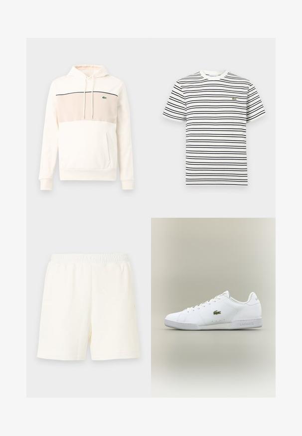 Sweat à capuche blanc cassé avec panneau poitrine beige clair, ligne de bordure noire, logo crocodile vert, cordons de serrage, manches longues, et poche kangourou à l'avant.; T-shirt blanc à manches courtes avec des rayures horizontales noires et un petit logo de crocodile vert sur le côté gauche de la poitrine.; Shorts à genoux de couleur blanc cassé avec une ceinture élastique et sans poches visibles, présentés sur un fond clair uni.; Baskets en cuir blanc avec un bout rond, design à lacets, logo crocodile vert et accents gris sur le talon et la languette.