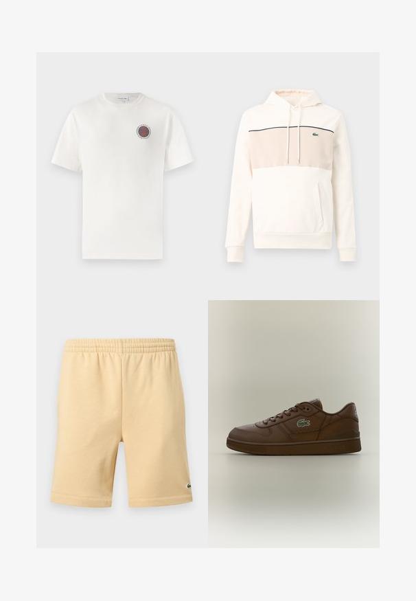 Off-white Kapuzenpullover mit hellbeigem Brustpaneel, schwarzer Zierlinie, grünem Krokodil-Logo, Kordelzügen, langen Ärmeln und aufgesetzter Kängurutasche vorne.; Weißes Baumwoll-T-Shirt mit kurzen Ärmeln, ausgestattet mit einem kreisförmigen blauen und orangefarbenen "Tennis Heritage"-Logo auf der linken Brust.; Beige legere Shorts mit elastischem Bund und kleinem grünen Sticklogo am unteren rechten Bein.; Brauner Leder-Low-Top-Sneaker mit Schnürdesign und grünem Krokodil-Logo an der Seite, auf neutralem, einfarbigem Hintergrund präsentiert.