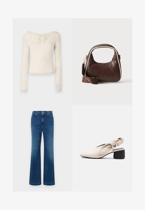 Suéter de manga larga color beige claro, con un escote en forma de barco y detalle de lazo, confeccionado en un suave tejido de punto texturizado.; Jeans de mezclilla azul de pierna ancha con una cintura alta, cinco bolsillos y un cierre de botón clásico. La tela tiene una textura suave y ligeramente deslavada.; Zapato beige para mujer con tacón bajo, punta afilada y detalle de tira retorcida sobre el empeine y el talón.; Bolso de mano de piel trenzada marrón con ribete blanco, cremallera dorada y correa de hombro de tela marrón desmontable.