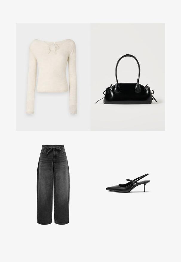 Lys beige langærmet sweater med scoop halsudskæring og et bindebånd samt et blødt, struktureret strikstof.; ONLY Straight fit ONLGIANNA Mid waist Balloon - Jeans Straight Leg - washed black; Sorte læder slingback hæle med spids tå, slank justerbar rem og en stiletto hæl på cirka 5 cm, glat tekstur.; Lille sort blank håndtaske med to lange håndtag og snøre-detaljer i siden på en ensfarvet lys baggrund.