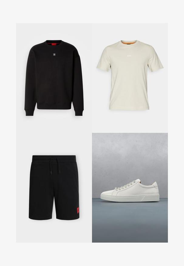 Schwarzer Sweatshirt aus weichem Stoff mit Rundhalsausschnitt, gerippten Bündchen und einem kleinen quadratischen Logo auf der Brust. Hat einen roten Innenkragen.; Beige Baumwoll-T-Shirt mit kurzen Ärmeln, runder Ausschnitt und weißem "BOSS"-Logo auf der Brust. Glatte Textur, lässige Passform.; Schwarze knielange Shorts mit elastischem Bund und Kordelzug, mit einem kleinen roten rechteckigen Logo-Patch am unteren linken Bein.; Weißes Leder-Sneaker mit abgerundetem Zehenbereich, minimalistisches Design, graue Schnürsenkel und einer strukturierten grauen Gummisohle. Dezente Nähte sichtbar.
