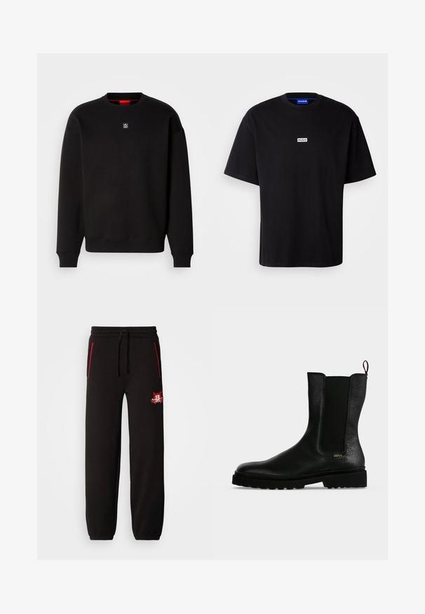 Sort sweatshirt lavet af blødt stof med rund halsudskæring, ribbede manchetter og et lille firkantet logo på brystet. Har en rød indre krave.; Sort bomulds t-shirt med rund hals, korte ærmer og et hvidt rektangulært "HUGO" logo på brystet. Glat overflade, afslappet pasform.; Sorte sweatpants med elastisk talje, røde accent lynlåse og et fremtrædende broderet logo på venstre lår. Glat tekstur, tætsiddende fit.; Sort læderankelstøvle med elastisk sidepanel, chunky sål og trækflig bagpå, med et lille guld "Hugo" logo nær hælen.
