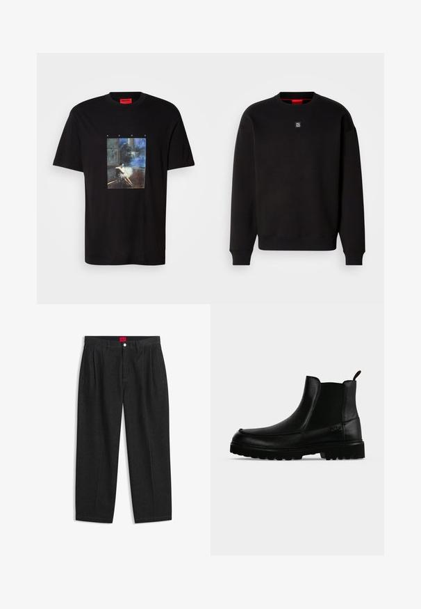 Zwarte sweatshirt gemaakt van zachte stof met een ronde hals, geribde manchetten en een klein vierkant logo op de borst. Kenmerkt zich door een rode binnenkraag.; Zwarte Hugo-t-shirt met een graphic van een vrouw die op de vloer zit in een donkere kamer met een blauwachtige achtergrond, en de tekst "HUGO" erboven.; Zwarte hoge taille broek met plooien aan de voorkant, ceintuurlussen, een knoop- en ritsluiting, en een rood label aan de binnenkant van de tailleband.; Zwarte leren enkellaars met een gestructureerde zool, elastische zijpanelen en een trekriempje op een lichtgrijze achtergrond.
