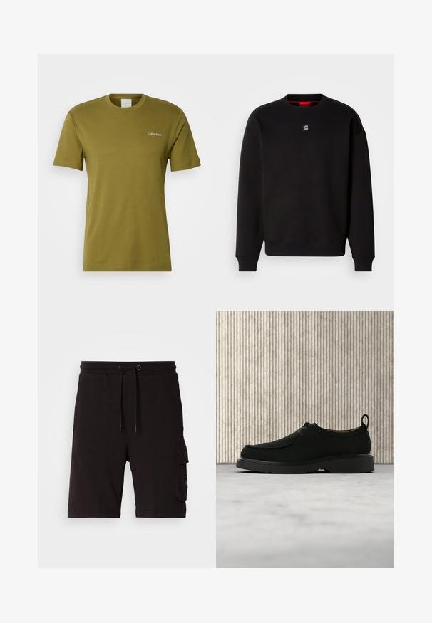 Sudadera negra de tejido suave con cuello redondo, puños acanalados y un pequeño logotipo cuadrado en el pecho. Presenta un interior del cuello en rojo.; Camiseta de algodón verde oliva con mangas cortas, escote redondeado y un pequeño logo blanco de Calvin Klein en el lado izquierdo del pecho.; Pantalones cortos de algodón negros tipo cargo con cintura ajustable mediante cordón, con bolsillos laterales y un diseño de corte relajado.; Zapato casual de cuero negro con cordones, suela gruesa y tira para tirar, situado en el aire sobre una alfombra beige con muebles marrones redondeados al fondo.