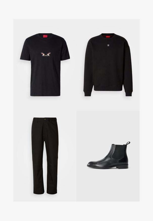 Sudadera negra de tejido suave con cuello redondo, puños acanalados y un pequeño logotipo cuadrado en el pecho. Presenta un interior del cuello en rojo.; Camiseta de algodón negra con un gráfico frontal que presenta la palabra "HUGO" y dos diseños estilizados de aves en colores claros y oscuros.; Pantalones de algodón negros con corte recto, presillas para el cinturón, cremallera frontal y un solo botón de cierre. Textura suave sin patrones visibles.; Botín negro de cuero hasta el tobillo con paneles elásticos a los lados, punta redondeada y lengüeta. Textura suave, suela plana, diseño minimalista.