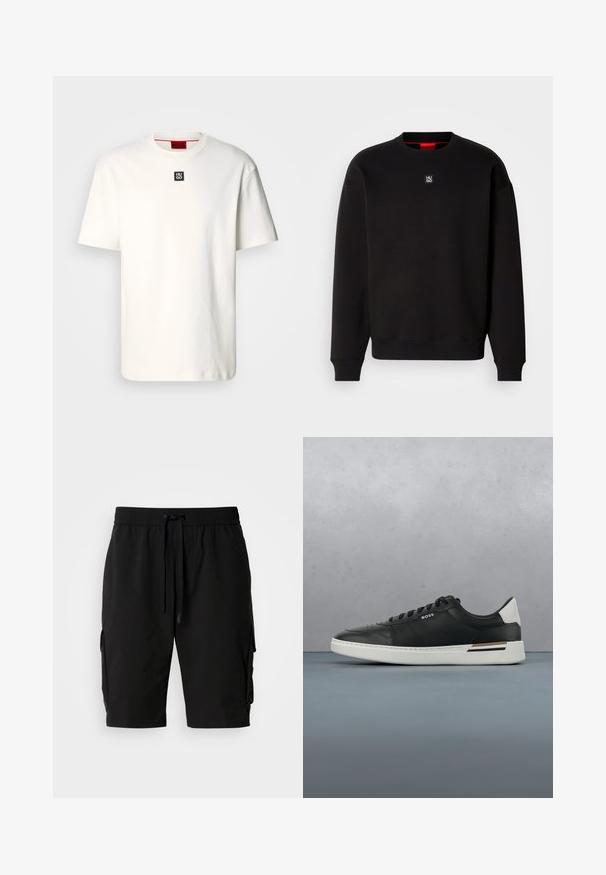 Sweat-shirt noir en tissu doux avec un col ras du cou, des poignets côtelés et un petit logo carré sur la poitrine. Il présente un col intérieur rouge.; T-shirt en coton blanc avec un col rond, des manches courtes et un petit logo carré noir avec "HUGO" sur la poitrine. Design simple, texture douce.; Shorts cargo noirs en tissu léger, dotés d'une taille élastique, d'un cordon de serrage et de poches cargo latérales pour un rangement supplémentaire.; Sneaker en cuir noir avec semelle blanche, présente des perforations, un design à lacets, logo sur le côté et détail de talon contrasté en blanc et marron.