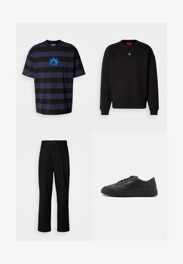 Zwarte sweatshirt gemaakt van zachte stof met een ronde hals, geribde manchetten en een klein vierkant logo op de borst. Kenmerkt zich door een rode binnenkraag.; Zwart en marineblauw gestreept T-shirt met een ronde hals. Heeft een blauwe glimlachende gezichtsgrafiek met stekelige accenten. Gemaakt van zachte stof.; Zwarte rechte broek met een knoopsluiting, lusjes voor een riem en een voornaad, gepresenteerd tegen een effen witte achtergrond.; Zwarte leren sneakers met een gladde textuur, ronde neus, platte rubberen zool en tonale veters. Kenmerkt zich door de gouden "BOSS" branding aan de zijkant.