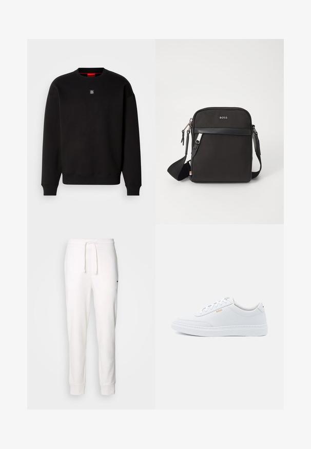 Sweat-shirt noir en tissu doux avec un col ras du cou, des poignets côtelés et un petit logo carré sur la poitrine. Il présente un col intérieur rouge.; Jogging en coton blanc avec une taille élastique, un cordon de serrage et des poignets côtelés. Présente un petit logo noir sur le côté.; Baskets blanches en cuir avec une texture lisse, bout rond et coutures tonales. Possède des lacets bleus et un logo doré sur le côté.; Sac bandoulière noir en tissu texturé, avec un logo sur le devant, fermeture éclair et une bandoulière réglable. Finitions en cuir lisse.