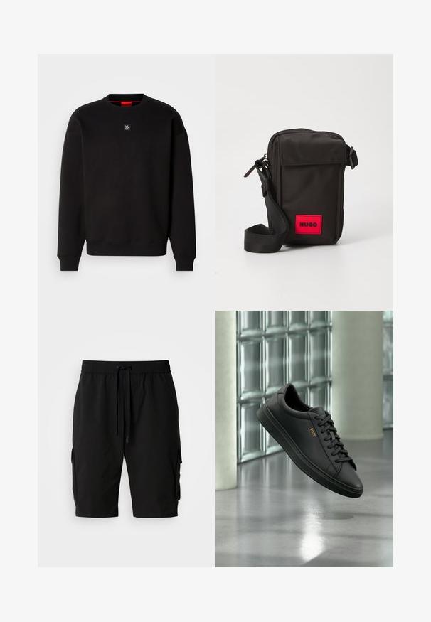 Zwarte sweatshirt gemaakt van zachte stof met een ronde hals, geribde manchetten en een klein vierkant logo op de borst. Kenmerkt zich door een rode binnenkraag.; Zwarte cargoshorts gemaakt van lichtgewicht stof, met een elastische tailleband, een trekkoord en zijvakken voor extra opbergruimte.; Zwarte lage leren sneaker met zwarte veters en gouden BOSS-logo aan de zijkant, zwevend boven glanzende grijze vloer in een moderne binnenruimte.; Zwarte stoffen crossbody tas met een rood logopatch, voorzien van een ritsopening, een voorzak met klep en een verstelbare schouderband.