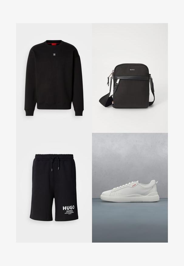 Zwarte sweatshirt gemaakt van zachte stof met een ronde hals, geribde manchetten en een klein vierkant logo op de borst. Kenmerkt zich door een rode binnenkraag.; Zwarte katoenen shorts met een elastische tailleband en koord. Witte "HUGO" logo op het linkerpijp. Eenvoudig ontwerp, knielange snit.; Witte sneaker met een gladde leren afwerking, ronde neus, vier veterogen, subtiele perforaties en een rood logo detail aan de zijkant.; Zwarte schoudertas van textuurstof, met logo aan de voorkant, ritssluiting en verstelbare schouderband. Voorzien van een gladde leren rand.