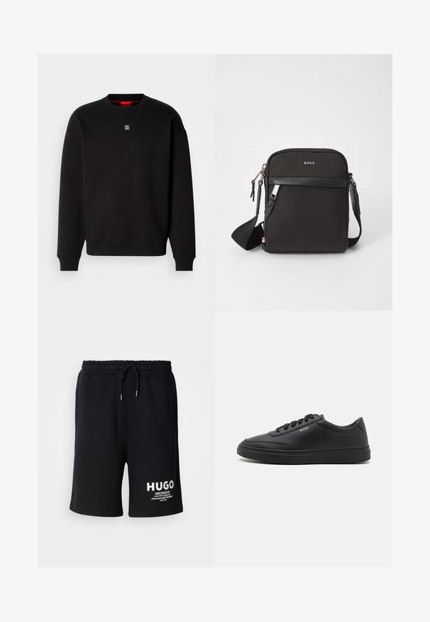 Schwarzer Sweatshirt aus weichem Stoff mit Rundhalsausschnitt, gerippten Bündchen und einem kleinen quadratischen Logo auf der Brust. Hat einen roten Innenkragen.; Schwarze Baumwollshorts mit einem elastischen Bund und Kordelzug. Weißes "HUGO"-Logo am linken Bein. Einfaches Design, knielanger Schnitt.; Schwarze Leder-Sneaker mit glatter Textur, runder Zehenpartie, flacher Gummisohle und einfarbigen Schnürsenkeln. Mit goldfarbenem "BOSS" Logo an der Seite.; Schwarze Umhängetasche aus strukturiertem Stoff, mit Logo auf der Vorderseite, Reißverschluss und verstellbarem Tragegurt. Verfügt über eine glatte Lederbesatz.