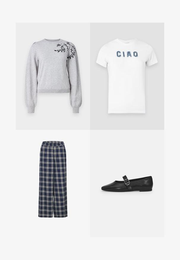 Object OBJTHESS EMBROIDERY PULLOVER - Trui - light grey melange; Witte katoenen t-shirt met een blauwe verouderde "CIAO" tekst op de borst. Korte mouwen en een ronde hals.; Wijd uitlopende broek in een navyblauw ruitpatroon met witte en zwarte lijnen. Beschikt over een elastische tailleband en een zachte stofstructuur.; Zwarte leren platte schoen met een ronde neus, een enkele verstelbare gespsluiting en een gladde, glanzende textuur. Minimalistisch ontwerp met een lage hak.