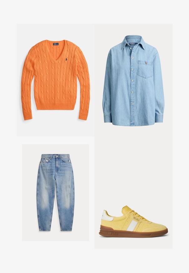 Oranje kabelgebreide trui met V-hals, geribbelde zoom en manchetten. Voorzien van een klein logo op de linkerborst. Gemaakt van zacht gebreid materiaal.; Lichtblauw denim shirt met lange mouwen, knoopsluiting voor en een borstzakje met een klein geborduurd logo op het zakje.; Lichtblauwe high-waisted spijkerbroek met lichte vervaging en slijtage bij de voorzakken, vijfzakkenstijl en taps toelopende pijpen.; Gele suède sneaker met witte strepen, bruine zool en Polo-logo op de zijkant en zool, afgebeeld tegen een effen achtergrond.