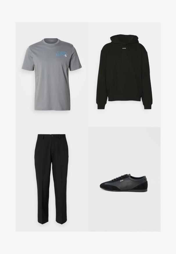 Sort hættetrøje lavet af blødt stof, med snøre i hætten og et cropped design. "HUGO" logo i hvidt på forsiden. Enkel, minimalistisk stil.; Grå bomulds t-shirt med rund hals, korte ærmer, med blå "CALVIN KLEIN" tekst trykt på venstre side. Glat tekstur.; Sorte bukser lavet af glat stof, med lige ben design, forlommer, en enkelt knaplukning, og uden synlige mønstre.; Sort lavtop snøresneaker med læder- og ruskindspaneler, flad sål og BOSS-logo på siden.