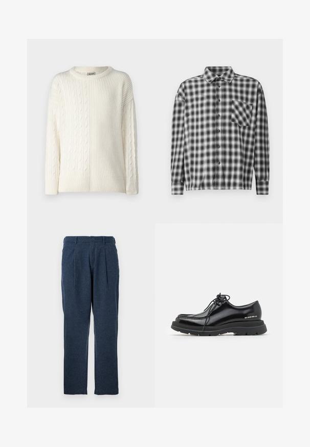 Denim Project DPMDPKNITTED COMBINED SWEATSHIRT - Svetrík - off white; Čierno-biele kockované tričko s dlhým rukávom vyrobené z jemnej tkaniny, s gombíkovou prednou časťou a náprsné vrecko. S golierom a voľným strihom.; Tmavomodré nohavice vyrobené z textúrovanej látky, vybavené prešitím, zapínaním na gombík a rovnými nohavicami.; Čierne kožené spoločenské topánky s okrúhlou špičkou, hrubou gumovou podrážkou, šnurovaním a výrazným prešívaním okolo okraja.