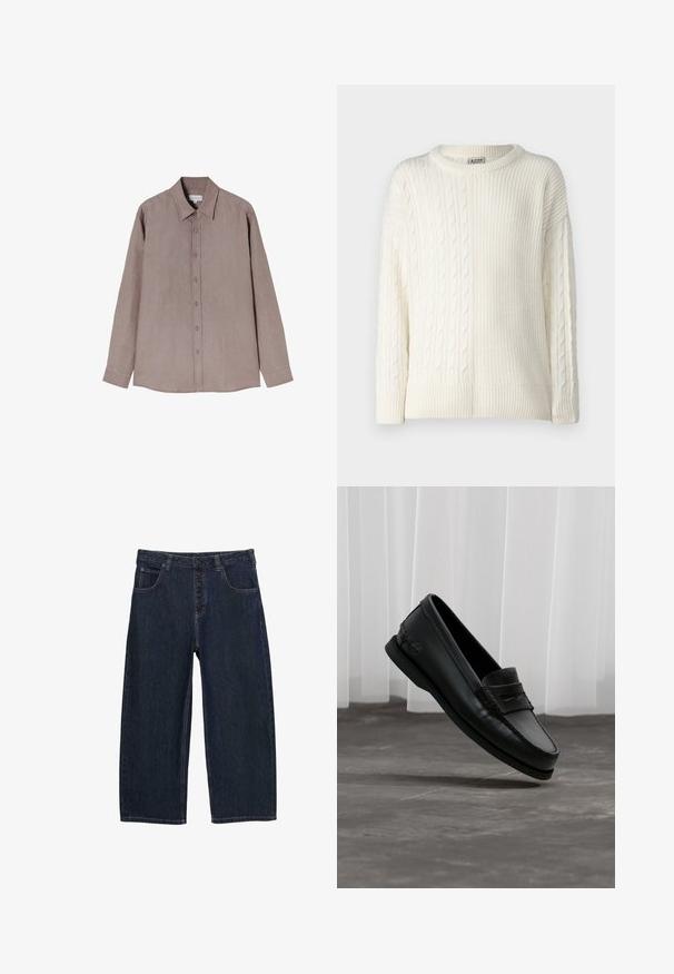 Denim Project DPMDPKNITTED COMBINED SWEATSHIRT - Pullover - off white; Chemise à manches longues dans une teinte brune douce, faite d'un tissu texturé. Dotée d'un col et d'une fermeture à boutons sur le devant avec des boutons gris.; Jean large en denim bleu foncé avec taille haute, cinq poches et fermeture à boutons. Détails de coutures le long des coutures.; Mocassin en cuir noir avec bout moc toe et lanière penny, légèrement incliné au-dessus d'un sol gris, stores verticaux blancs en arrière-plan.
