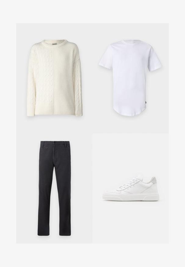 Denim Project DPMDPKNITTED COMBINED SWEATSHIRT - Džemper - off white; Valge lühikeste varrukatega t-särk, mis on valmistatud puuvillast. Ümmargune kaelus ja kõver hem. Silt nähtav vasakul allservas. Sile tekstuur.; Mustad sirgedega püksid, küljetaskud, eesnööbiga kinnitamine ja vöökohad valgel taustal.; Valged nahast spordijalatsid siledast nahast viimistlusega, ümarate varvastega, lamekestega ja tekstuuriga tallaga. Hall suede aktsent kanna juures.