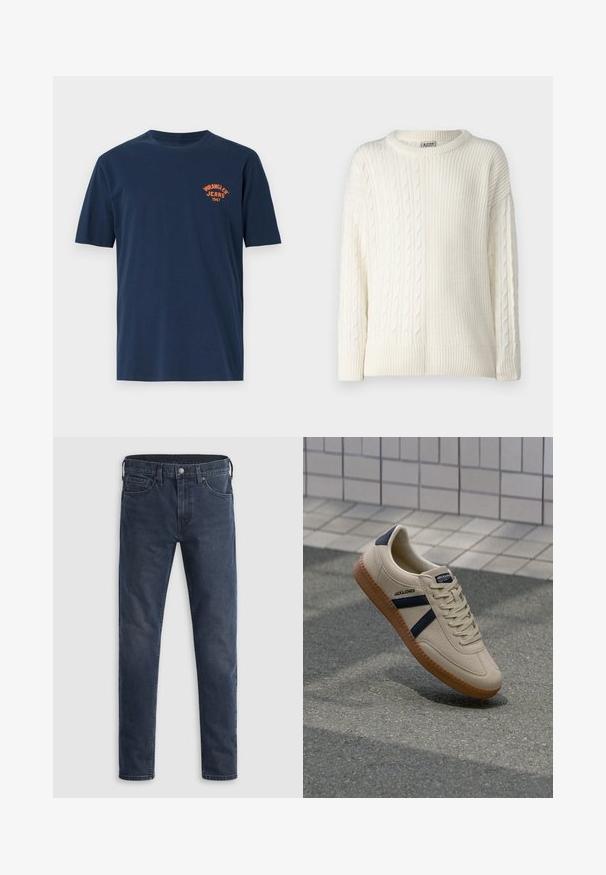 Denim Project DPMDPKNITTED COMBINED SWEATSHIRT - Džemper - off white; Tumedat sinine puuvillane T-särk lühikeste varrukatega, ümar kaelus ja oranž tikand "Wrangler Jeans 1947" logo rinnal.; Tume sinised teksapüksid, millel on sirge sääre disain, viie taskuga ning metallist nööpkinnitusega vöökohal. Sile tekstuur.; Bežist sneaker, millel on tekstureeritud viimistlus, tumesinised triibud ja kummi tald. Omab pehmendustega keelt ja traditsioonilist nööpimissüsteemi kindla istuvuse tagamiseks.