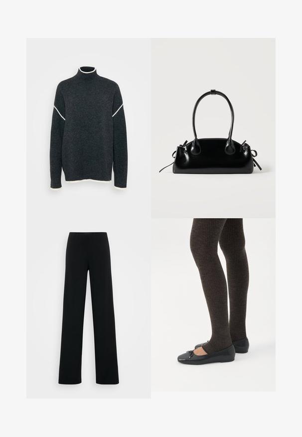 Mørkegrå sweater med høj krave, med en hvid accentstribe over skuldrene og kontrasterende hvide kanter ved ærmerne og bunden.; Vero Moda Tall VMBERLIN ZAMIRA WIDE - Bukser - black; Ben iført mørke ribbede leggings kombineret med sorte balletsko med små sløjfedetaljer på hvid baggrund.; Lille sort blank håndtaske med to lange håndtag og snøre-detaljer i siden på en ensfarvet lys baggrund.