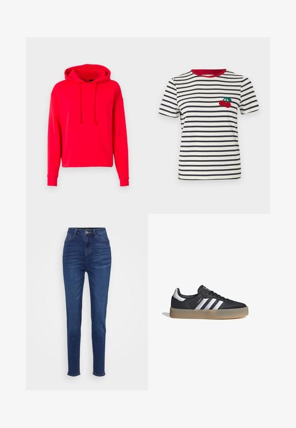Sudadera roja con capucha, de manga larga y corte relajado. Fabricada en tejido suave, cuenta con un bolsillo tipo canguro y capucha ajustable con cordón.; Camiseta de rayas en crema y azul marino, con un cuello rojo. Presenta un diseño de cereza bordado en la parte izquierda del pecho. Manga corta.; Jeans de tiro alto y corte ajustado en denim azul oscuro. Cuenta con cinco bolsillos, presillas para el cinturón y un cierre de botón, con un leve desgastado a lo largo de las piernas.; Zapatilla deportiva de cuero negro con tres rayas plateadas, punta texturizada y suela de goma. Cuenta con un collar acolchado y un diseño con cordones.