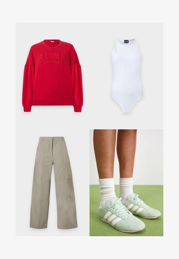 Rode longsleeve trui met pofmouwen en geribbelde manchetten, met verhoogde tekst "ALOHA JOOP! JEANS" op de borst.; Witte mouwloze badpak met hoge halslijn en EA7 Emporio Armani-logo op de borst en binnenlabel.; Beige broek met wijde pijpen, hoge taille, riemlussen, details met voornaad en een verborgen sluiting aan de voorkant.; Mintgroene sportschoenen met witte strepen, gladde leren textuur, ronde teen en rubberen zool, gecombineerd met witte geribde sokken.