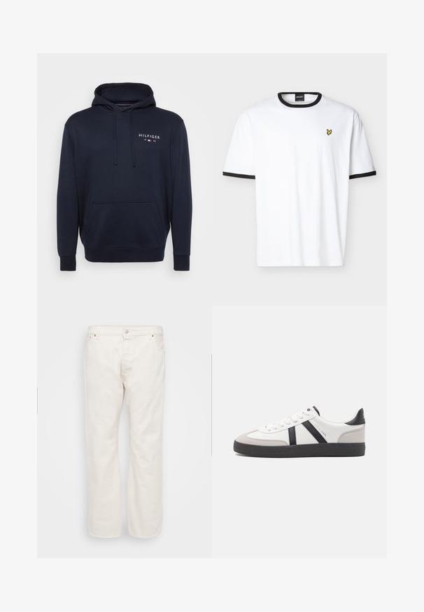 Dunkelblauer Hoodie mit einer Fronttasche, Kapuze mit Kordelzug und "HILFIGER"-Logo in weiß und roten Akzenten. Hergestellt aus weichem Baumwollstoff.; Weißes T-Shirt mit kurzen Ärmeln, schwarzem Kragen und Ärmelabschlüssen, mit einem kleinen gelben Vogel-Logo auf der linken Brust.; Weiße Denim-Jeans mit geradem Schnitt, ausgestattet mit einem Knopfverschluss, Gürtelschlaufen und zwei Seitentaschen. Glatte Textur, minimale Details.; Weiße Sneaker mit schwarz- und grau-aczenten, ausgestattet mit einer strukturierten grauen Zehenkappe, schwarzer Gummi-Sohle und flachen weißen Schnürsenkeln. Sauberes Design, minimalistische Stil.