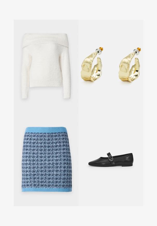 Noisy May NMHEIDI OFF SHOULDER - Svetrík - eggnog; Pletená sukňa s geometrickým vzorom v odtieňoch modrej, s riaseným pásom v svetlomodrej farbe a textúrovaným povrchom látky.; Čierna kožená plochá obuv s okrúhlym nosom, jedným nastaviteľným pásikom so sponou a hladkým, lesklým povrchom. Minimalistický dizajn s nízkym podpätkom.; Náušnice v zlatej farbe v tvare abstraktných rúk, s lesklým povrchom, zložitými detailmi a strieborným a zlatým podstavcom pre bezpečné upevnenie.