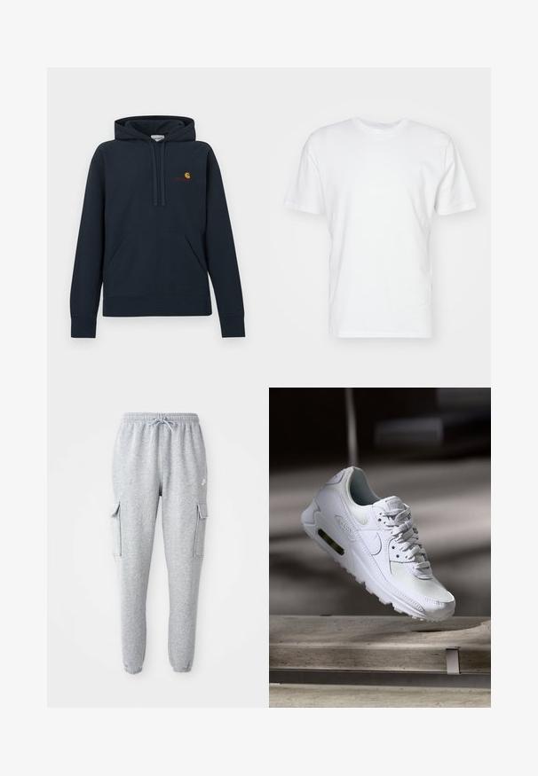 Marineblauer Hoodie aus Baumwollmischgewebe mit Kängurutasche, Kapuze mit Kordelzug und kleinem gelb-rotem Logo auf der Brust.; Weißes Baumwoll-T-Shirt mit kurzen Ärmeln, Rundhalsausschnitt und glatter Textur. Einfaches Design ohne Muster oder Grafiken.; Graue Sweatpants aus weichem Material, mit elastischem Bund und Kordelzug, zwei seitlichen Cargo-Taschen und schmal zulaufenden Bündchen.; Weiße Nike Air Max 90 Sneaker mit einem Obermaterial aus Mesh und Leder, durchlässigem Zehenbereich und einer sichtbaren Air-Einheit in der Ferse.