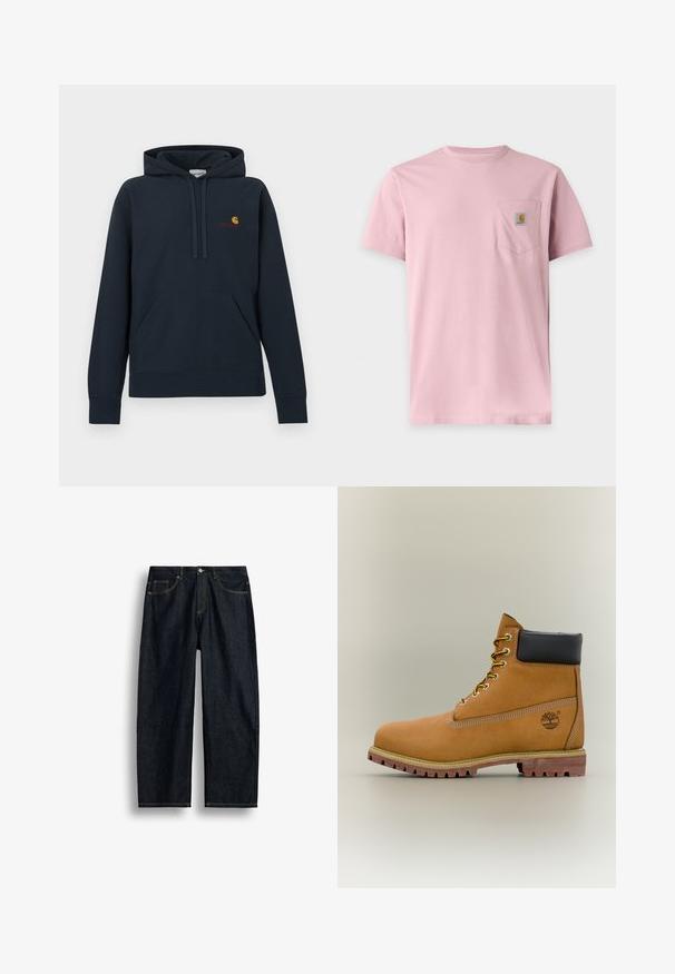 Sweat à capuche bleu marine en tissu mélangé coton, doté d'une poche kangourou, d'une capuche avec cordon de serrage et d'un petit logo jaune et rouge sur la poitrine.; T-shirt rose uni à manches courtes avec une poche poitrine comportant un petit patch rectangulaire avec le logo Carhartt.; Jean en denim bleu foncé à coupe droite avec couture jaune, poches avant et fermeture par bouton à la taille.; Bottine en cuir marron avec col noir, lacets jaunes et semelle beige. Présente un logo et des détails de couture blanche. Semelle extérieure à traction robuste.