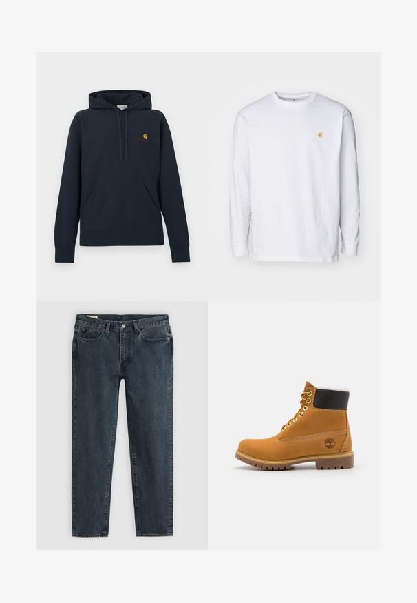 Marineblauer Hoodie aus Baumwollmischgewebe mit Kängurutasche, Kapuze mit Kordelzug und kleinem gelb-rotem Logo auf der Brust.; Weißes Langarm-T-Shirt aus Baumwolle. Mit kleinem goldenem Logo auf der Brust und Rundhalsausschnitt. Einfaches Design und normale Passform.; Dunkelblaue Denim-Jeans mit geradem Bein, fünf Taschen und einem Knopfverschluss. Subtile Ausbleichungen verleihen dem Stoff Textur.; Braune Leder-Ankle-Boots mit Metallösen, weißem Kunstfellfutter, schwarzem gepolstertem Kragen, robustem Sohlenprofil und geprägtem Logo an der Seite.