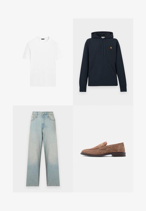 Sweat à capuche bleu marine en tissu mélangé coton, doté d'une poche kangourou, d'une capuche avec cordon de serrage et d'un petit logo jaune et rouge sur la poitrine.; T-shirt en coton blanc avec un col rond, des manches courtes et une coupe droite. Présente une texture lisse et légère, sans motifs visibles.; Jean en denim bleu clair taille haute, coupe droite, avec poches avant, passants de ceinture et fermeture par boutons.; Mocassin pour homme en daim marron clair avec petit talon et détail de sangle penny, présenté en profil latéral sur fond blanc.