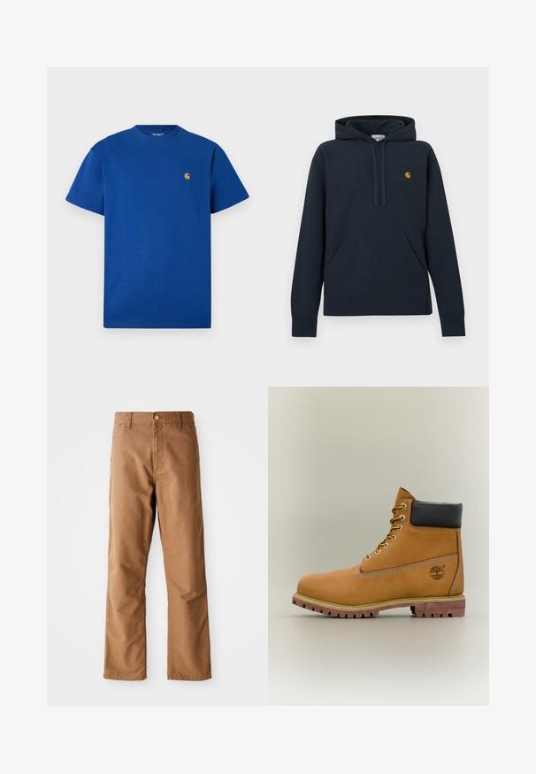 Sudadera con capucha azul marino hecha de mezcla de algodón, con bolsillo canguro, capucha con cordón y un pequeño logo amarillo y rojo en el pecho.; Camiseta de algodón azul con cuello redondo, mangas cortas y un pequeño logo dorado en el pecho. Textura suave y ajuste casual.; Pantalones rectos marrones con pasadores para cinturón, bolsillos frontales, cierre de botón y cremallera sobre un fondo blanco.; Bota de tobillo de cuero marrón con cuello negro, cordones amarillos y suela beige. Presenta un logotipo y detalles de costura blanca. Suela exterior con tracción robusta.