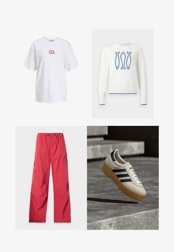 Hvid crewneck-trøje med tre blå pixelerede fiskedesign på brystet og blå kant ved manchetter og kant.; Hvid kortærmet t-shirt med løs pasform og lilla "STAY WILD" tekst trykt på frontens midte.; Røde løstsiddende cargobukser med snøre i taljen og sidelommer, vist på en hvid baggrund.; Beige ruskindsneaker med sorte striber, hvide snørebånd og en gummisål i naturfarve. Har "SPEZIAL"-mærkning på siden.