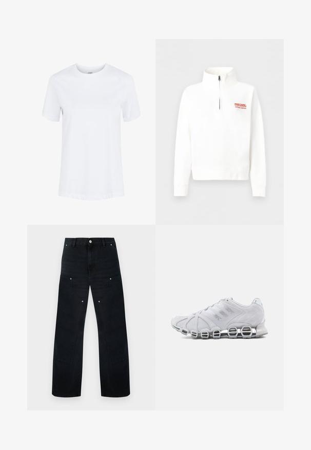 Witte pullover met lange mouwen en een kwartrits, met een oranje "Rip Curl Surfing Company"-logo op de linkerborst.; Effen wit katoenen T-shirt met korte mouwen, ronde hals en omgeslagen mouwzomen, getoond op een effen witte achtergrond.; Zwarte wijde spijkerbroek met hoge taille, voorzien van ingetogen steken, twee voorzakken en metalen hardware accenten.; Witte sportschoenen met een bovenwerk van mesh, suède accenten en een dempende zool met bubbelachtige elementen. Reflecterende details verbeteren het ontwerp.