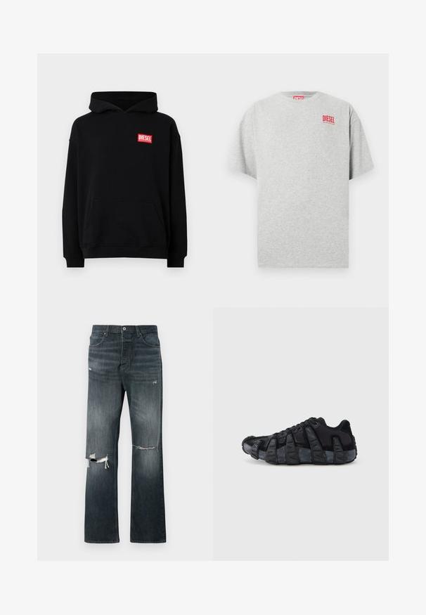 Schwarze Kapuzen sweatshirt mit einer Fronttasche, ausgestattet mit einem roten rechteckigen "DIESEL"-Logo. Hergestellt aus weichem Stoff mit gerippten Bündchen.; Graues Baumwoll-T-Shirt mit rundem Ausschnitt und kurzen Ärmeln. Mit einem kleinen roten "DIESEL"-Logo auf der Brust. Glatte Textur.; Dunkel gewaschene Denim-Jeans mit lockerer Passform, die zwei aufgerissene Kniebereiche, einen standardmäßigen Knopfverschluss und ein Fünf-Taschen-Design aufweisen.; Schwarzer Sneaker mit übertriebener gerippter Sohle, Schnürdesign und Obermaterial aus gemischtem Textil und Wildleder, von der Außenseite vor weißem Hintergrund gezeigt.